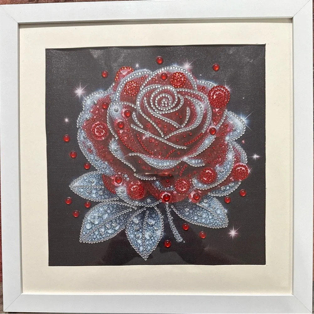 Framed Red and Silver Rose Art, size 12” * 12”